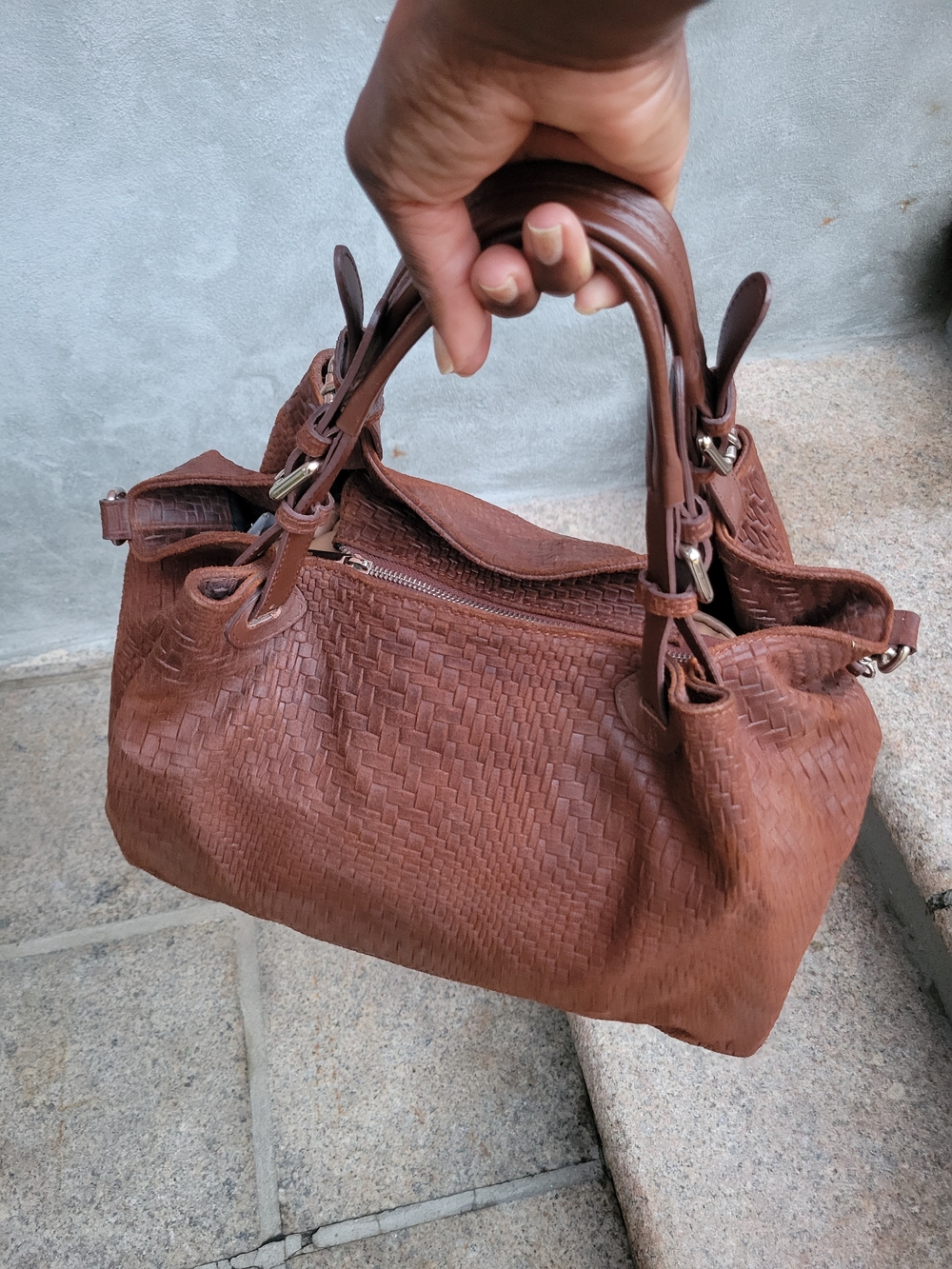 Italian Tulipani Woven Leather Satchel Shoulder Bag Brown Large Made in Italy - Picture 11 of 14